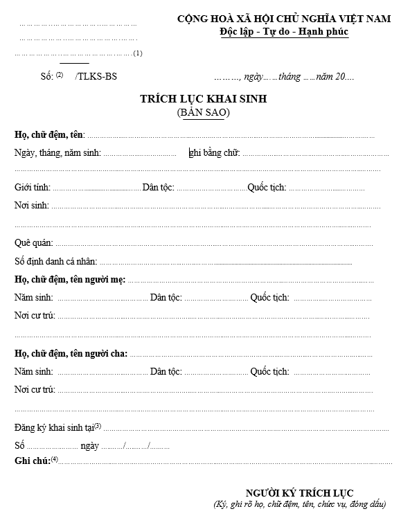 Bản mẫu trích lục giấy khai sinh