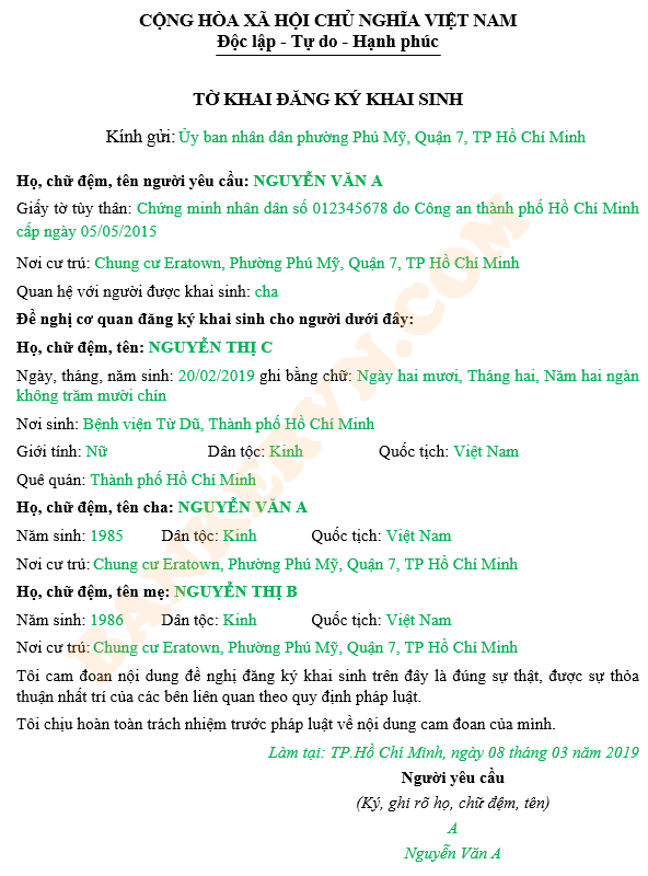 Mẫu tờ khai đăng ký làm giấy khai sinh
