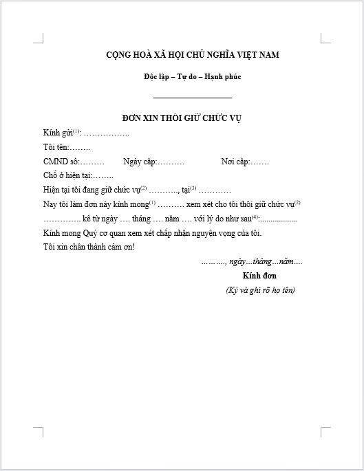 Mẫu đơn xin rút khỏi cấp Ủy Chi Bộ