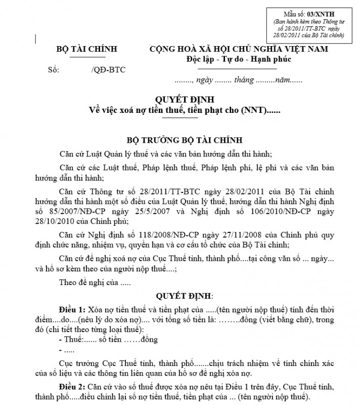 Mẫu quyết định xóa nợ phải thu khó đòi – Thông tin mới nhất